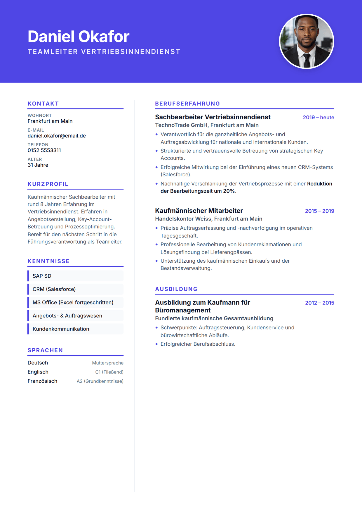 Muster-Lebenslauf eines Vertriebsmitarbeiters: zahlenorientierter Aufbau mit Zielerreichung, Gebiet und CRM-Kenntnissen.