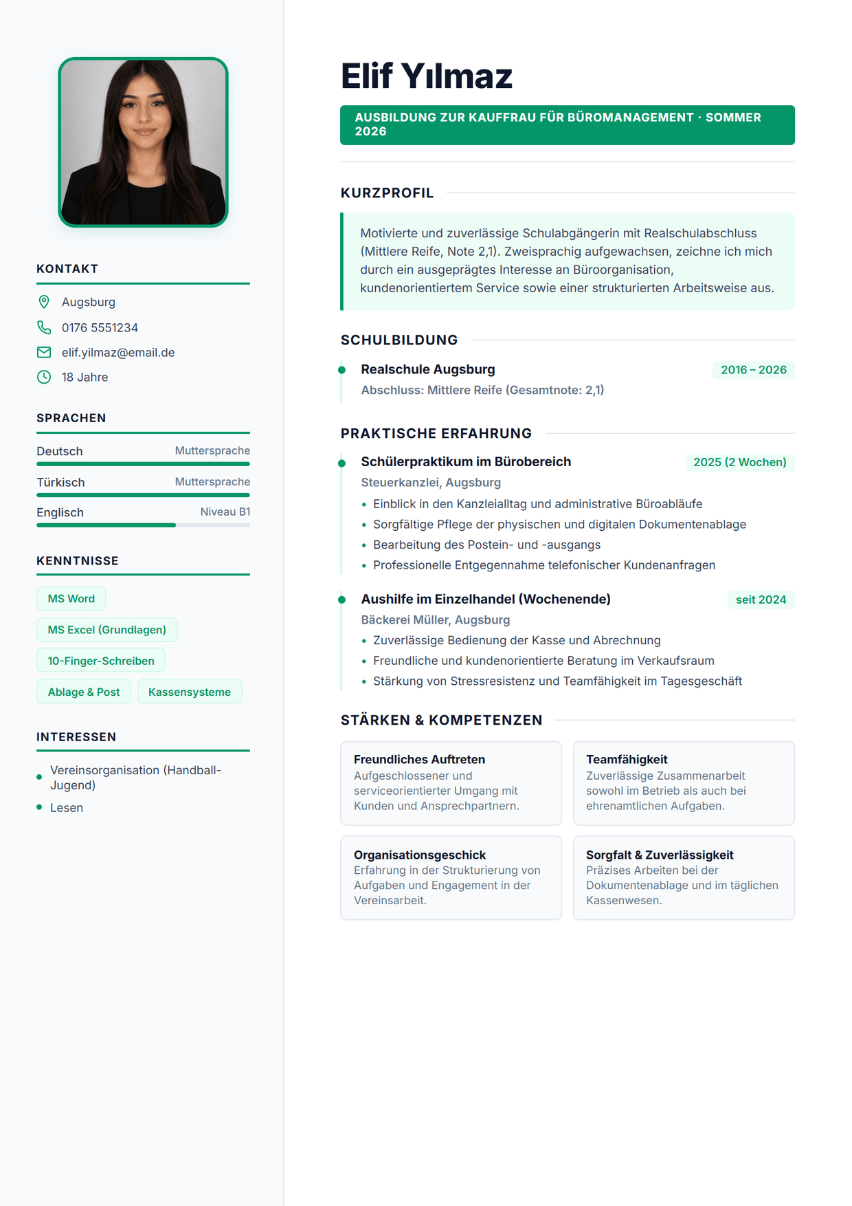 Muster-Lebenslauf einer Kauffrau für Büromanagement: übersichtlicher Aufbau mit Ausbildung, Aufgaben und EDV-Kenntnissen.