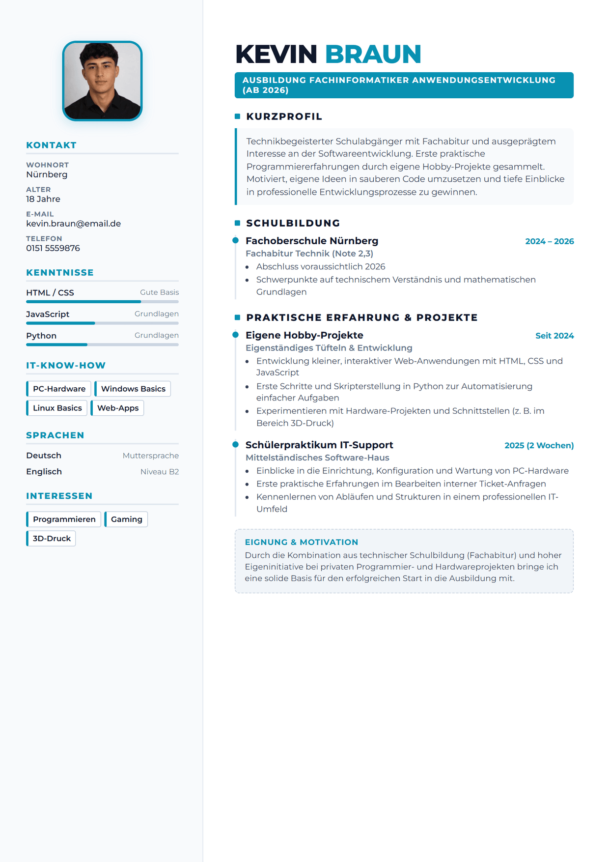 Muster-Lebenslauf eines Fachinformatikers: strukturierter Aufbau mit Fachrichtung, Tech-Stack und Projekten.
