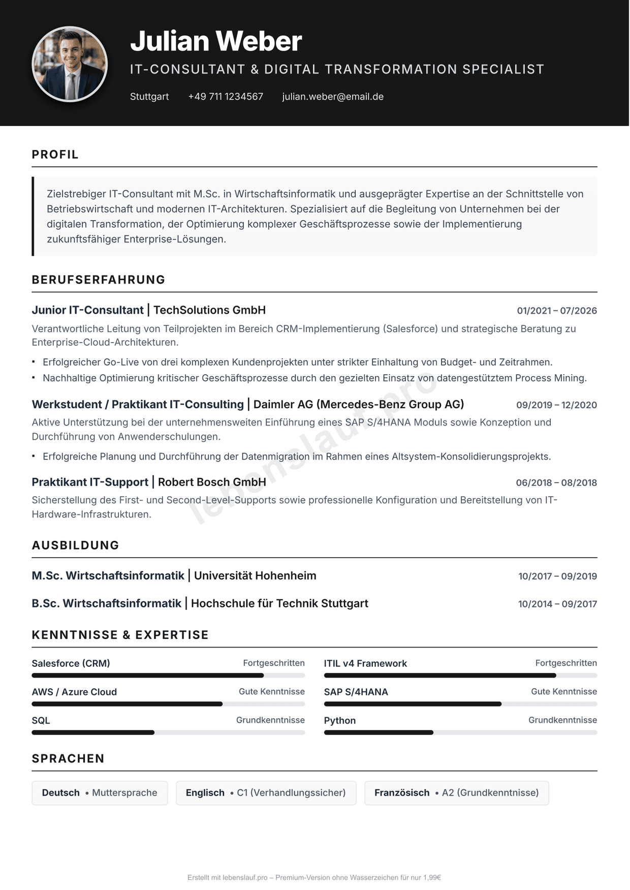 Muster-Lebenslauf einer Verkäuferin im Einzelhandel: übersichtlicher Aufbau mit Stationen, Aufgaben und Servicekompetenzen.