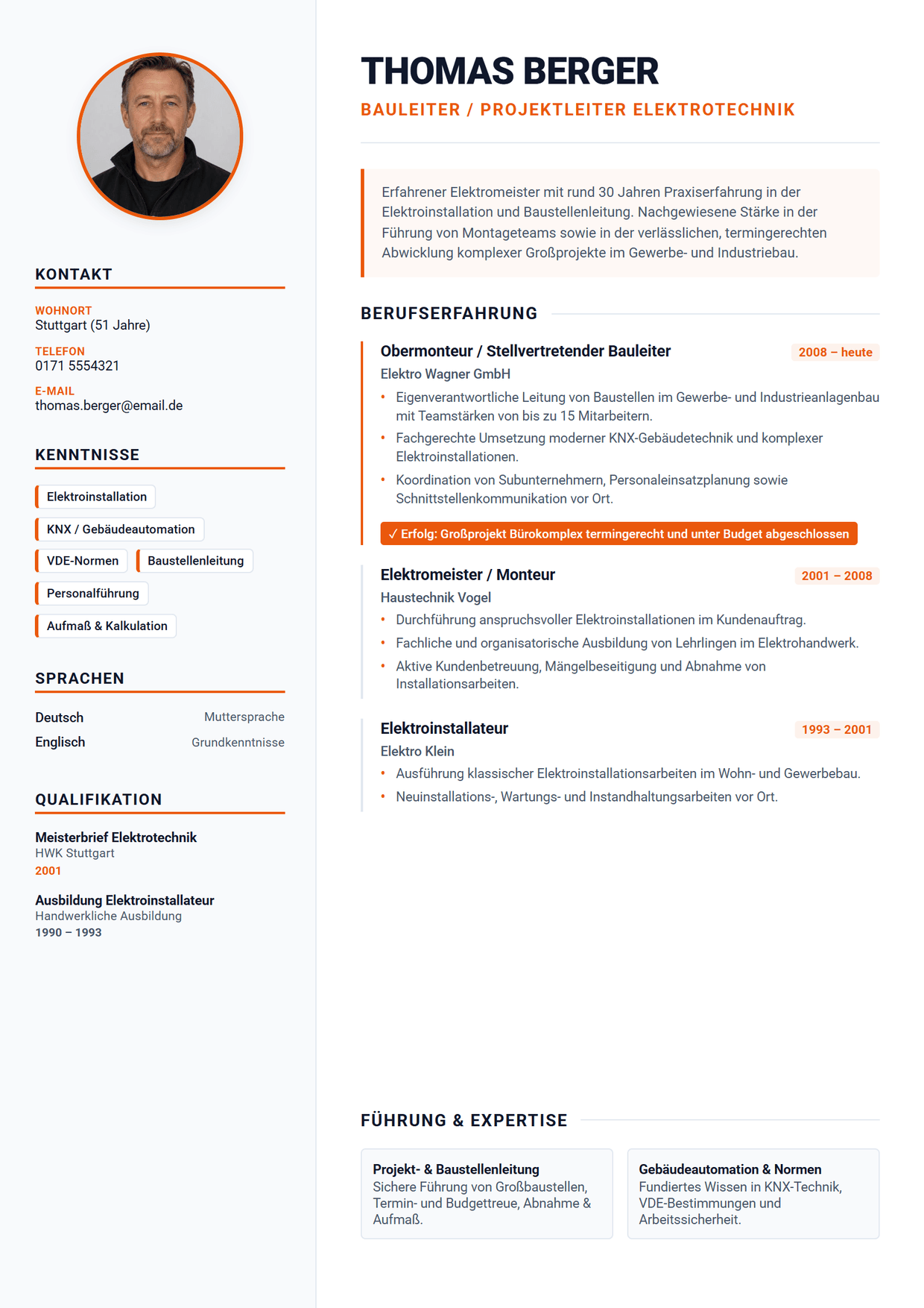 Muster-Lebenslauf eines Bauleiters: projektorientierter Aufbau mit Auftragsvolumen, Führungsverantwortung und Kennzahlen.
